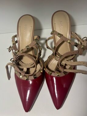 BCBGeneration Red Pointed Patent Mule with Tan Studded Straps
